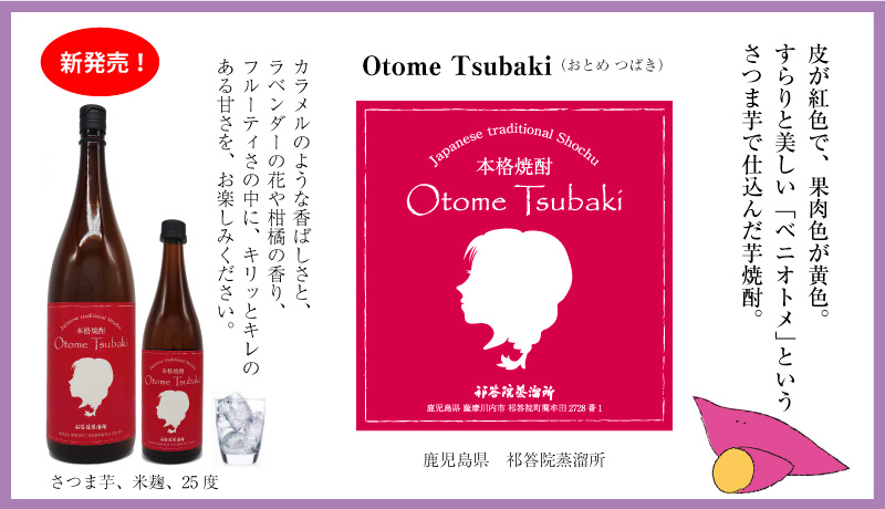 皮が紅色で、果肉色が黄色。 すらりと美しい「ベニオトメ」という さつま芋で仕込んだ芋焼酎。 新発売! Otome Tsubaki(おとめつばき)
Japanese traditional Shochu
本格焼酎
tome Tsubaki カラメルのような香ばしさと、 ラベンダーの花や柑橘の香り、 フルーティさの中に、キリッとキレの ある甘さを、お楽しみください。
Otome Tsubaki
祁答院蒸溜所
立児島県 厳摩川内内市 祁谷院町覆本田2728 1
鹿児島県 祁答院蒸溜所
さつま芋、米麹、25度